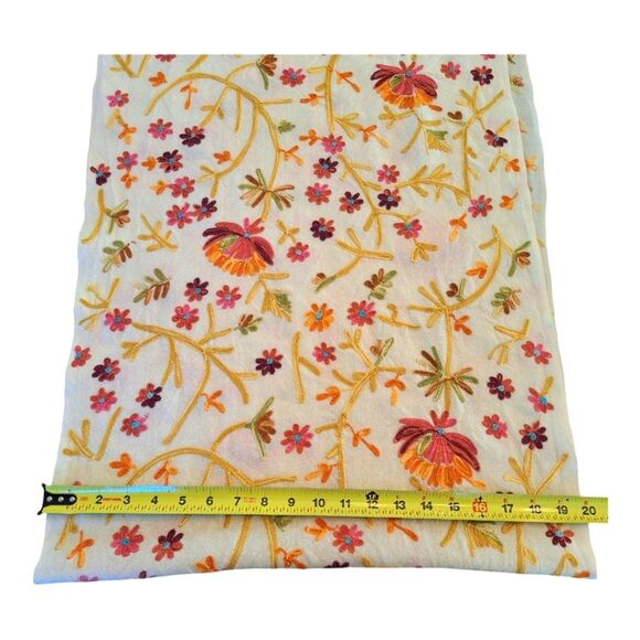 Boho Embroidered Wool Scarf Colorful Floral Cream Raw Edges Large 70 Long x 20 - Picture 10 of 12
